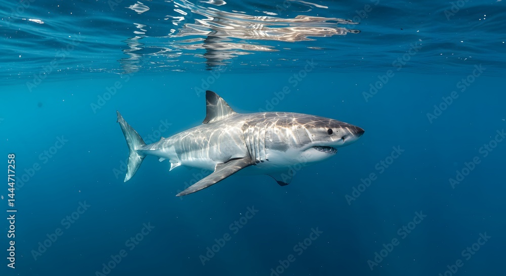 Fototapeta premium Great White Shark Swimming Underwater in Blue Ocean