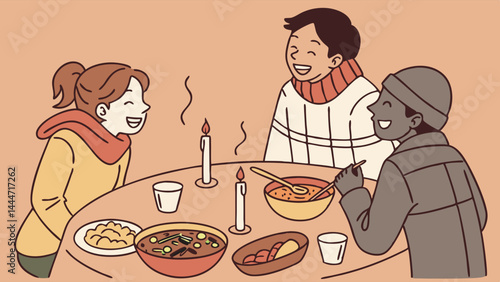 Flat illustration of happy people laughing and enjoying a warm meal with candles
