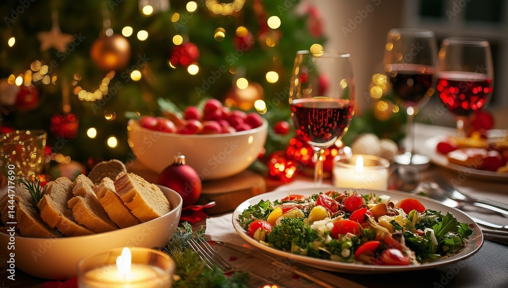 Fototapeta premium A festive holiday table is set with salad, bread, and fruit, alongside a blurred Christmas tree in the background.