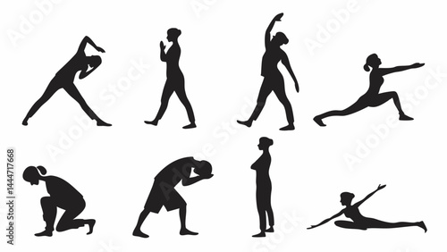 Diverse Exercise and Stretching Silhouettes Fitness Poses for Warm-up and Cool-down