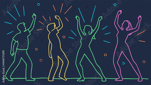 Vibrant Neon Line Art Silhouettes of People Dancing and Celebrating at a Party