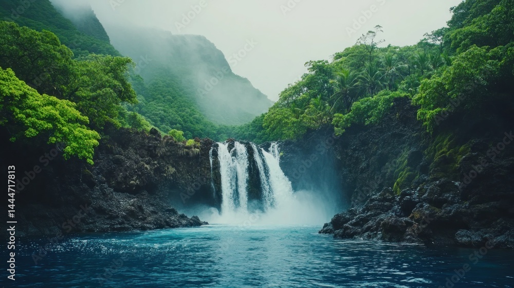 Fototapeta premium Lush tropical waterfall cascading into vibrant blue water