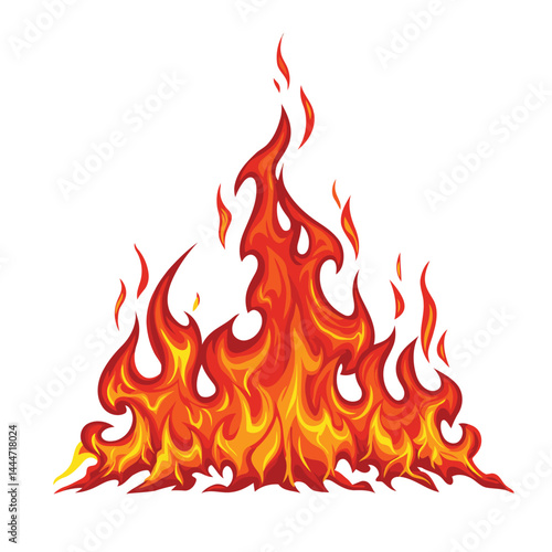 Flames depicted in an upward, triangular motion. The illustration features vibrant shades 
