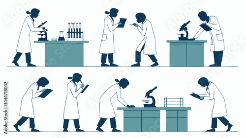 Flat Illustration of Female Scientists Working in a Research Laboratory with Microscopes