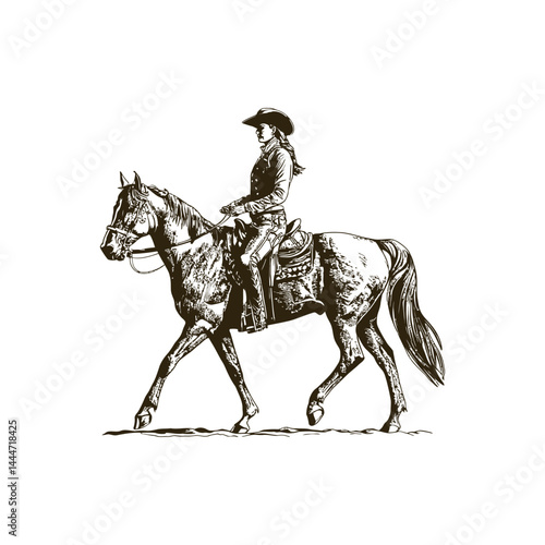 Vintage engraving woodcut horse rider retro vector illustration art design