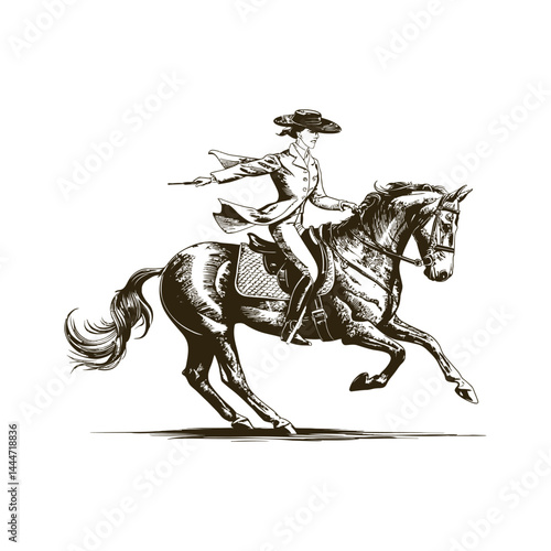 Vintage engraving woodcut horse rider retro vector illustration art design