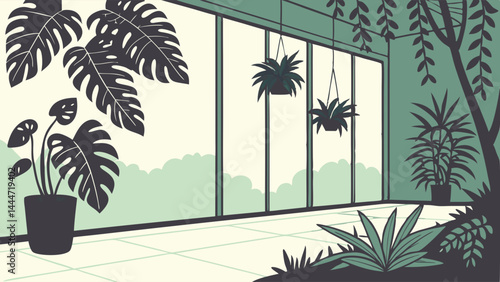 Modern Sunroom Interior Illustration Lush Indoor Garden Houseplants Large Windows Monstera Plants Flat Design Art