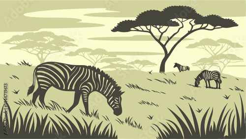 Vector Illustration of Zebras Grazing in African Savanna Landscape with Acacia Trees and Hills - Sepia Wildlife Art