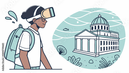 Flat illustration of student with backpack and VR headset exploring virtual museum, historical site, or educational content.