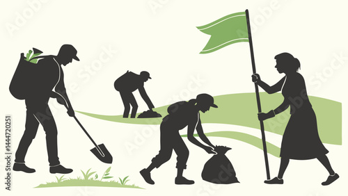 Silhouettes Environmental Cleanup Volunteers Picking Litter with Bags Shovels and Flag