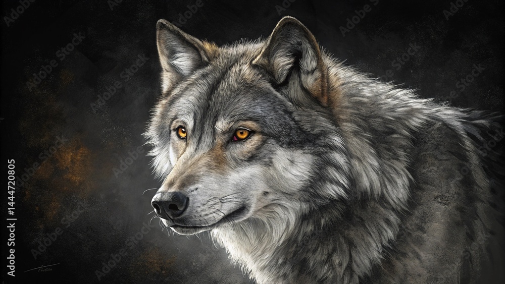 Close up portrait of a gray wolf with piercing yellow eyes against a dark blurred background art created with generative ai Close up portrait of a gray wolf with piercing yellow eyes against a dark blurred background art created with generative ai