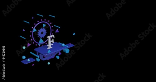 White franc symbol on a pedestal of abstract geometric shapes floating in the air. Abstract concept art with flying shapes on the left. 3d illustration on black background