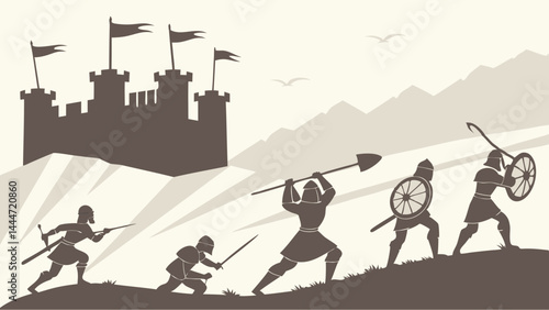 Silhouette Medieval Army Attacking Castle Uphill Battle Scene Flat Design Illustration