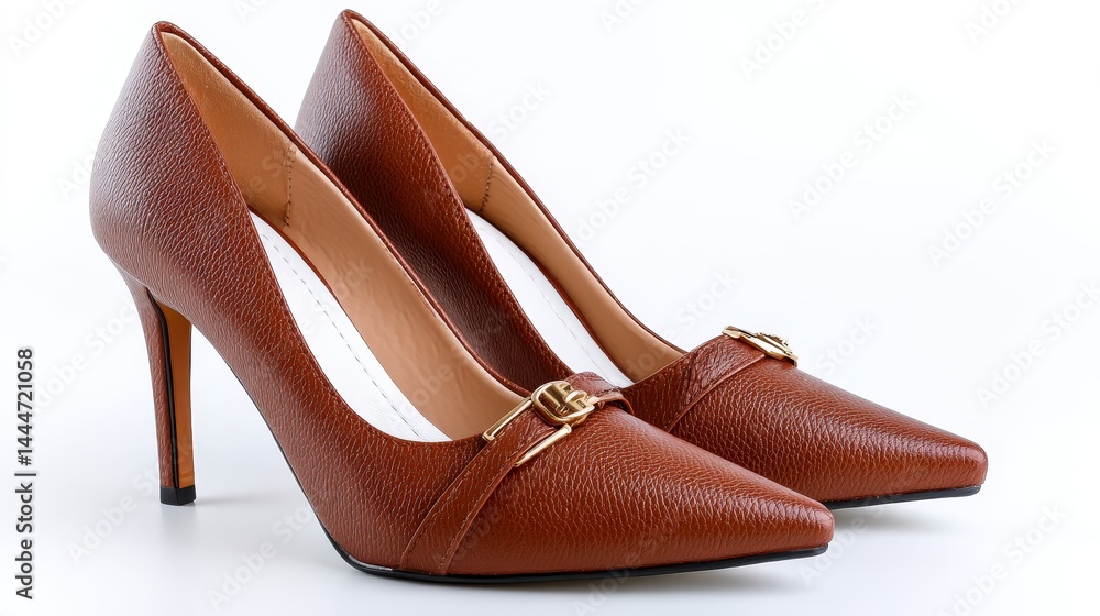 Fototapeta premium Elegant Brown Leather Heels - Stylish brown leather high heels with gold buckle detail. Perfect for work or special occasions