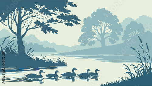 Stylized blue landscape illustration with five ducks swimming on a tranquil river.