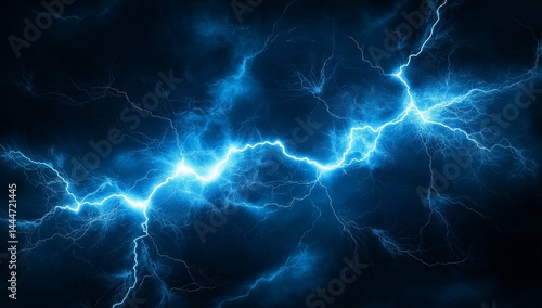 Bright blue lightning crackles across a dark, stormy sky.