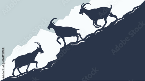 Three Dark Silhouette Mountain Goats Climbing Steep Rocky Slope Vector Graphic Illustration