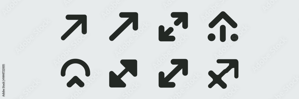 Vector icon sheet with eight different arrow styles – Suitable for graphic design, UI design, or infographic projects. Vector icon sheet with eight different arrow styles – Suitable for graphic design, UI design, or infographic projects.