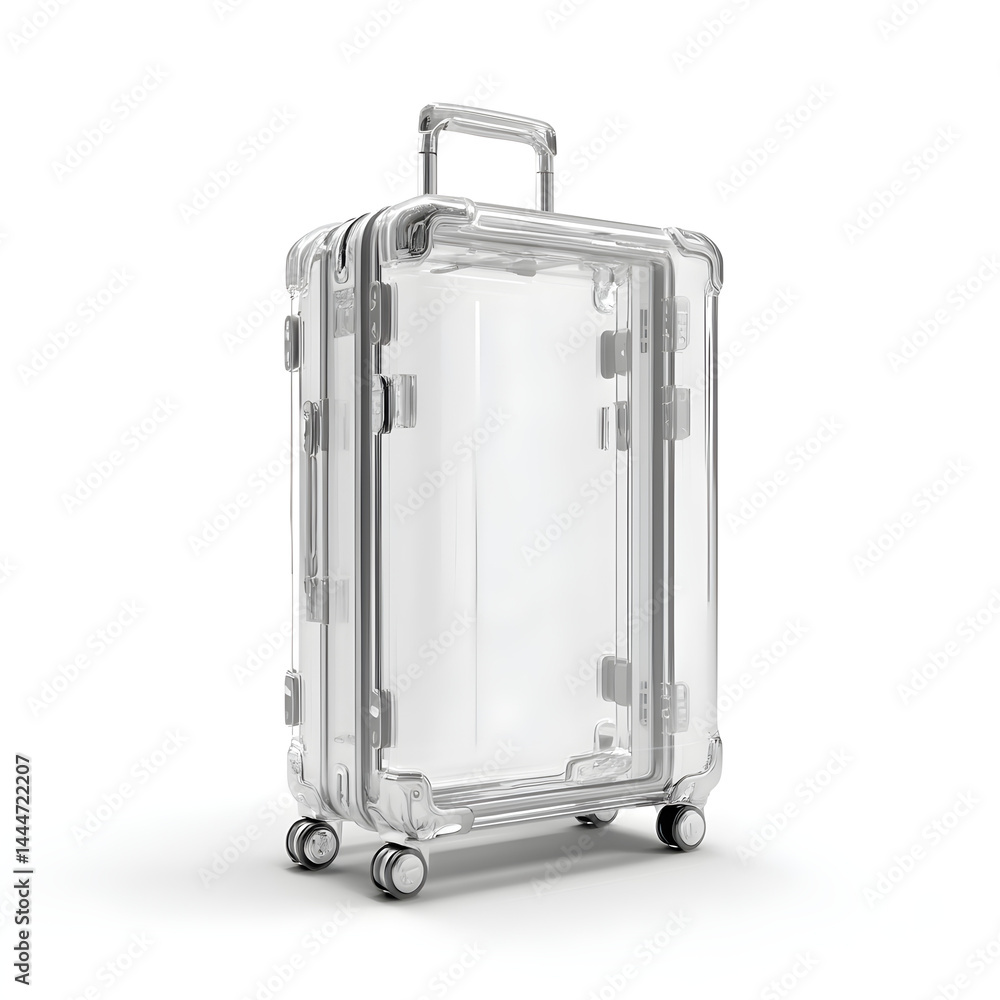 Designer transparent suitcase isolated on pure white background, modern travel accessory. --v 7.0 Designer transparent suitcase isolated on pure white background, modern travel accessory. --v 7.0