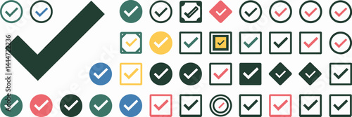 Vector icon sheet with various colored ticks in different shapes – Suitable for project management, approval systems, or visual communication materials.
