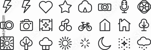 Vector icon sheet with symbols like lightning bolt, camera, tree, and bicycle – Suitable for lifestyle, sports, or adventure-related projects.
