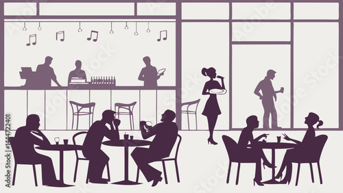 Stylized Monochrome Silhouette Illustration of People Socializing and Working in a Busy Contemporary Bar Cafe Interior Scene