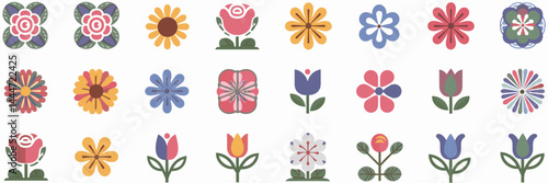 Vector icon sheet with 16 different flowers including roses, sunflowers, daisies, lilies, tulips, and more – Perfect for diverse floral branding, botanical designs, or nature-based graphics.