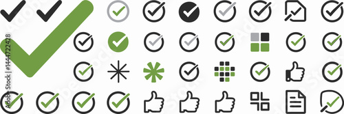 Vector icon sheet with various approved ticks, checkmarks, and thumbs up – Ideal for UI design, digital applications, or task management software.