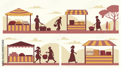Flat Design Vector Art Illustration of Silhouetted People Selling and Buying at Outdoor Market Stalls