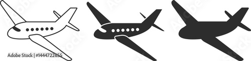 Set of airplane icons in simple style, silhouette, line and isolation airplane icons in black color.