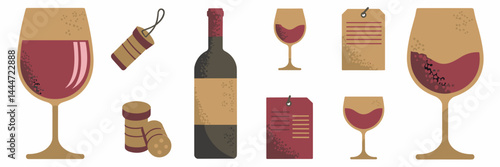 Vintage wine icons set with red wine, bottle, cork, and label