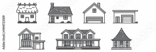 Vector icon sheet with six different house icons including thatched roof, cottage, mansion, and pagoda – Great for architecture, real estate, and home decoration content.