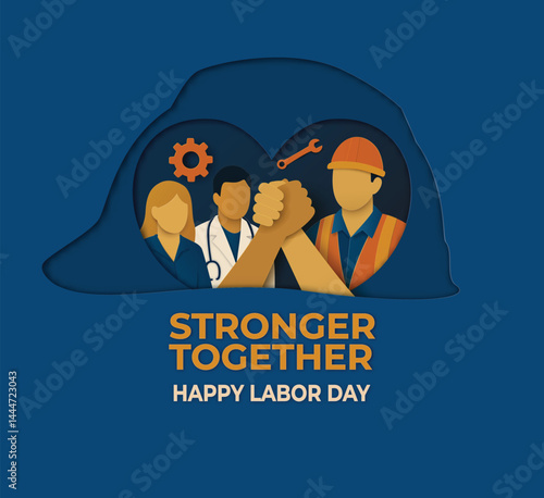  Labor Day Paper Cut Poster with United Workers and Helmet Symbol
