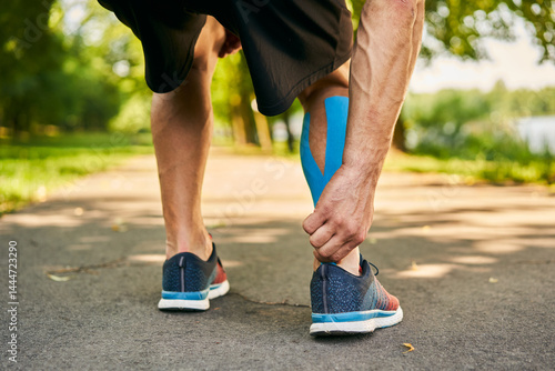 Achilles Tendinitis runner massaging it band with kinesiology tape