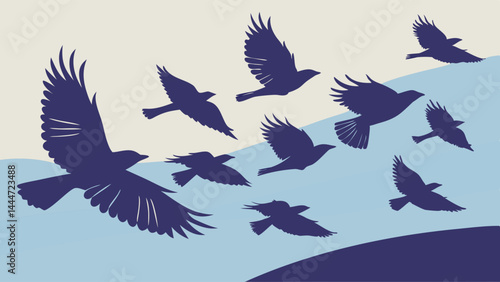 Graphic Silhouette Illustration of a Flock of Birds Flying in Formation Against a Blue Sky Background