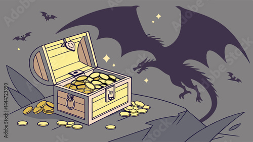 Dark Fantasy Cartoon Illustration Dragon Shadow Looming Over Open Treasure Chest Full of Gold Coins and Flying Bats