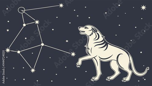 Ancient Mythological Dog and Star Constellation in Dark Night Sky Illustration