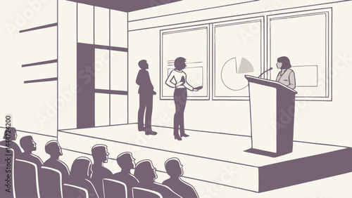 Minimalist illustration of a business presentation with speaker, panel, audience, and data charts