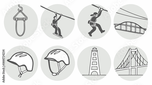 Outdoor adventure and safety line art icons including helmets, ziplines, bridges, and lighthouse in grayscale