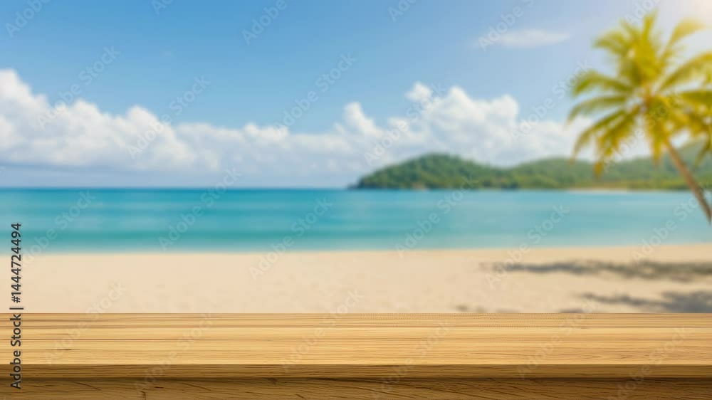 Tropical beach paradise with wooden deck overlooking turquoise sea and lush island. Idyllic summer vacation spot for relaxation and scenic ocean views Tropical beach paradise with wooden deck overlooking turquoise sea and lush island. Idyllic summer vacation spot for relaxation and scenic ocean views