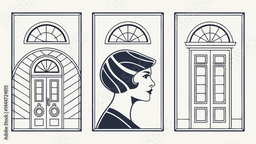 Vintage Art Deco Architectural Doors Fanlights and 1920s Woman Profile Line Art Set of Three