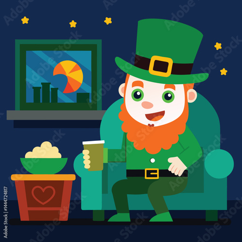 Discover the adorable Leprechaun watching movies, a charming cartoon character perfect for Saint Patrick's Day celebrations.
