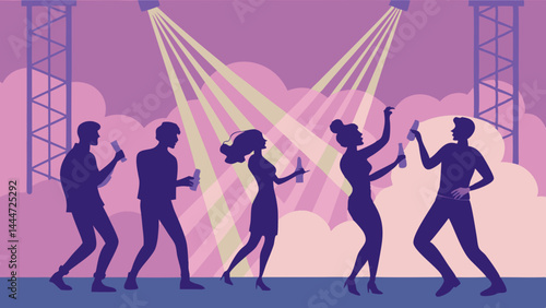 Purple Silhouettes of People Dancing at a Party or Concert Under Spotlights Illustration