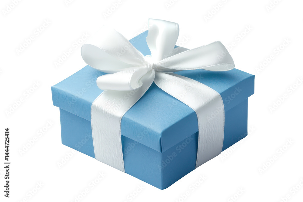 Obraz premium Decorative blue gift box tied with white ribbon isolated on white for birthday or event graphics