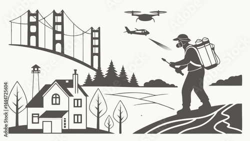 Silhouetted Graphic Illustration Pest Control Sprayer Drone Helicopter Bridge House Landscape