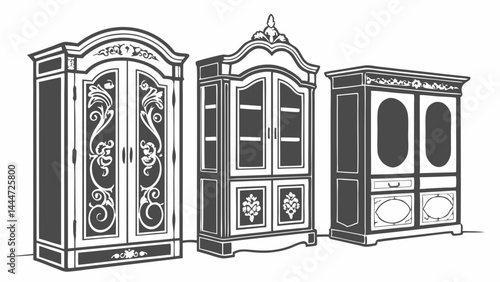 Three Ornate Antique Style Cabinets and Armoires Vintage Furniture Set