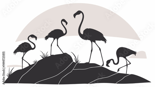 Minimalist Black and White Graphic Illustration Four Flamingos Silhouette on Rocky Hill Nature Scene
