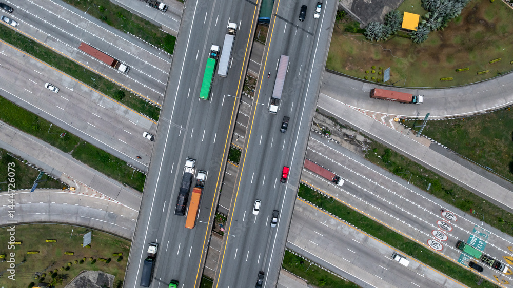 Aerial view highway intersection road, Business logistic transport infrastructure logistic transport, Highway road traffic important infrastructure business logistic import export cargo industry.