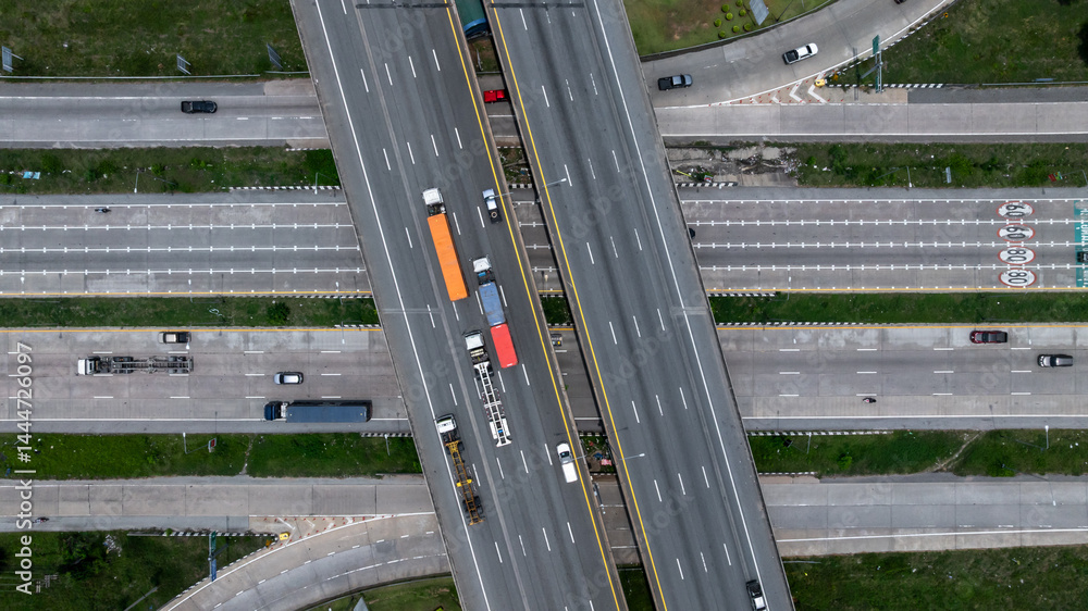 Aerial view highway intersection road, Business logistic transport infrastructure logistic transport, Highway road traffic important infrastructure business logistic import export cargo industry.