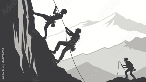 Silhouette Rock Climbers on Mountain Ascent - Teamwork Adventure Grayscale Vector Illustration